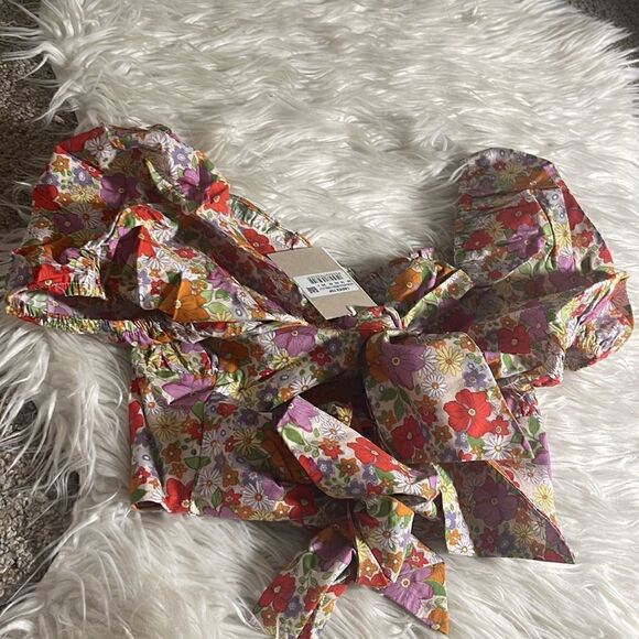 Glamorous Top Womens Size Large Retro Floral back tie crop Blouse Spring summer - Picture 5 of 9